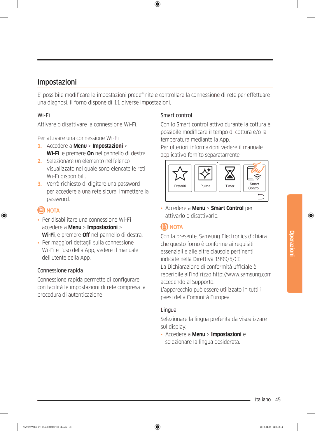 Samsung NV73J9770RS/ET manual Impostazioni, Accedere a Menu Smart Control per attivarlo o disattivarlo 