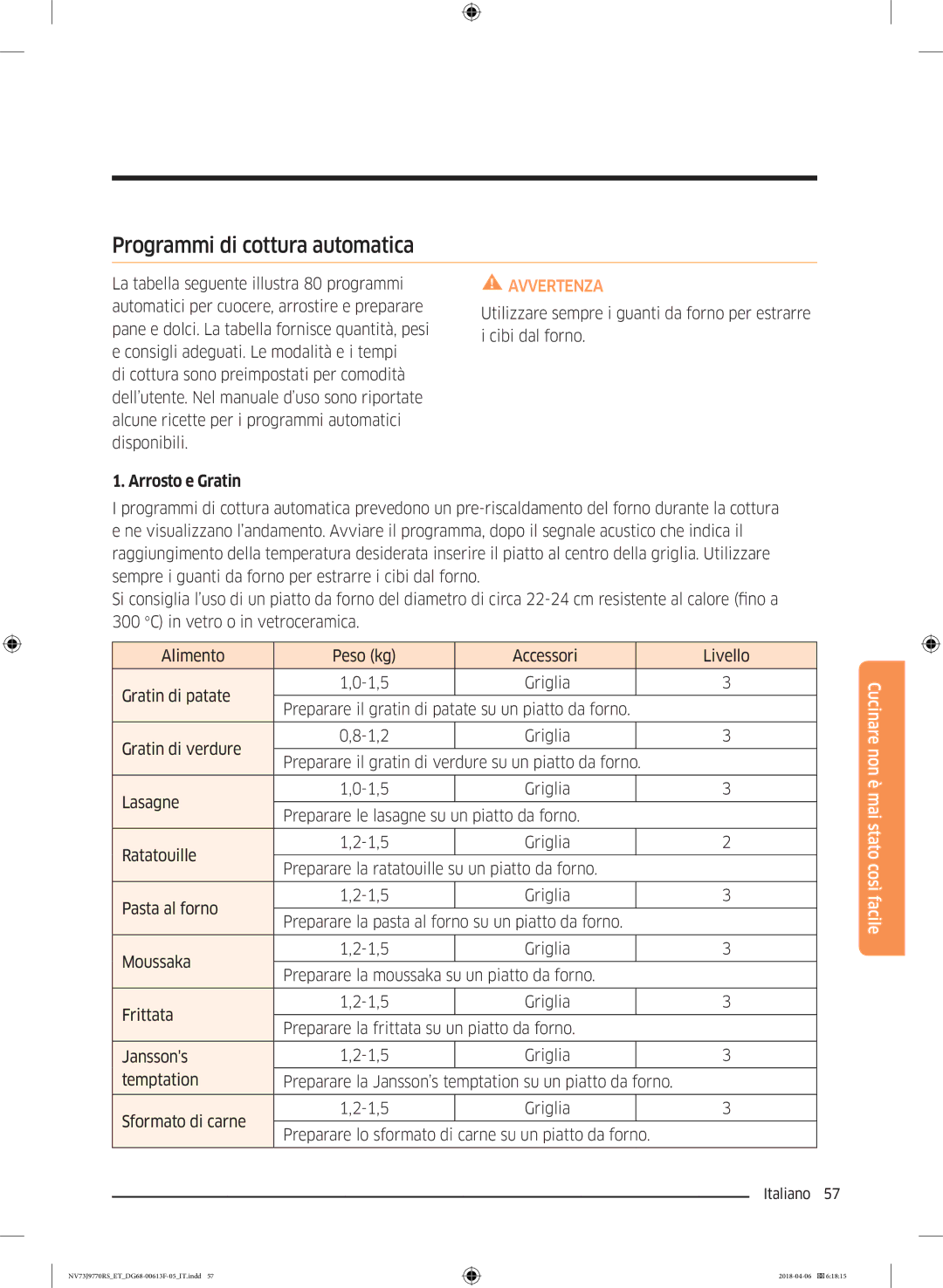 Samsung NV73J9770RS/ET manual Programmi di cottura automatica, Arrosto e Gratin 