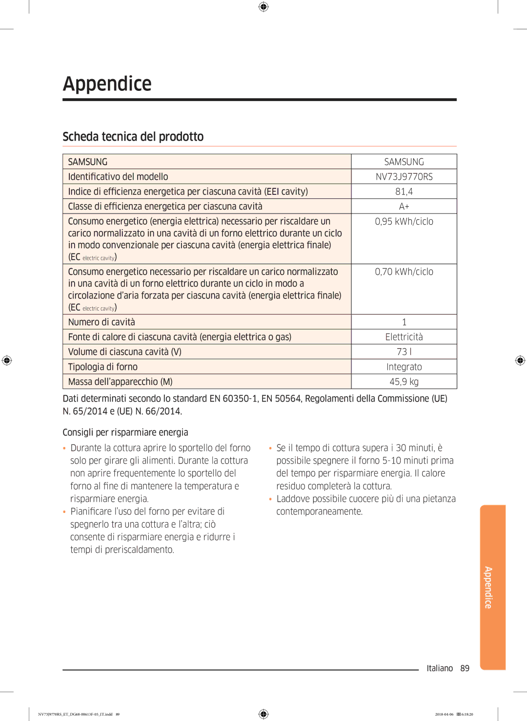 Samsung NV73J9770RS/ET manual Appendice, Scheda tecnica del prodotto 