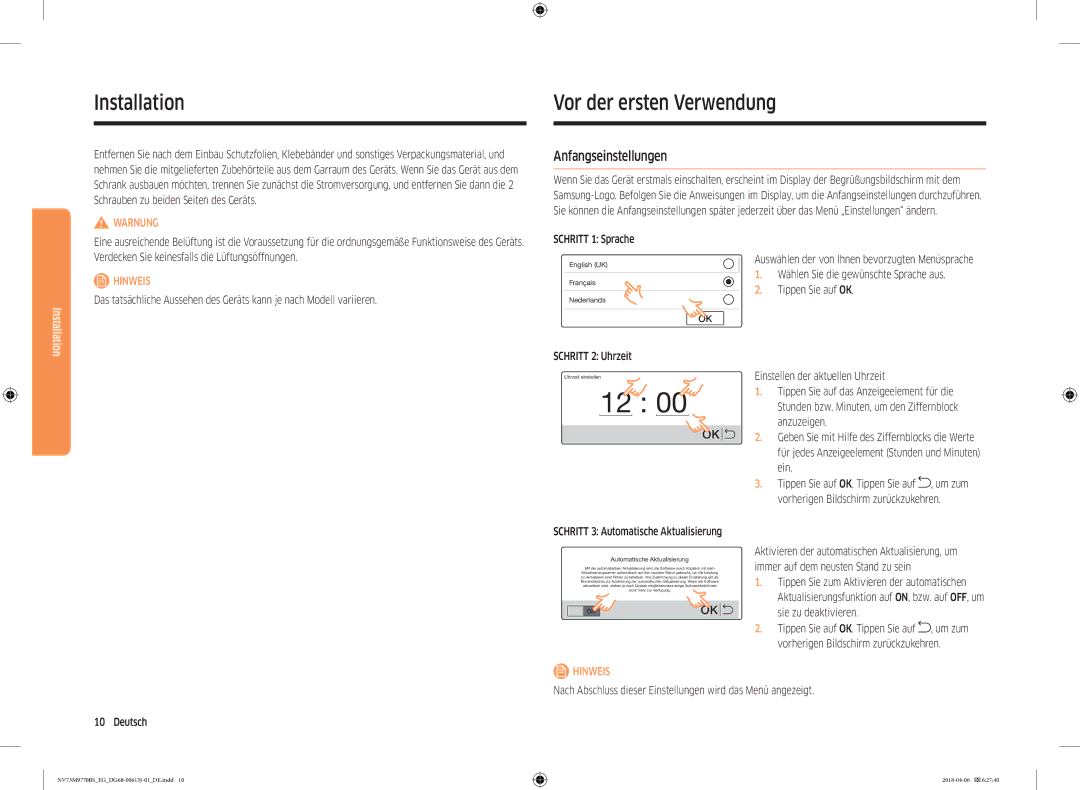 Samsung NV73M9770BS/EG manual Installation Vor der ersten Verwendung, Anfangseinstellungen, Schritt 1 Sprache 