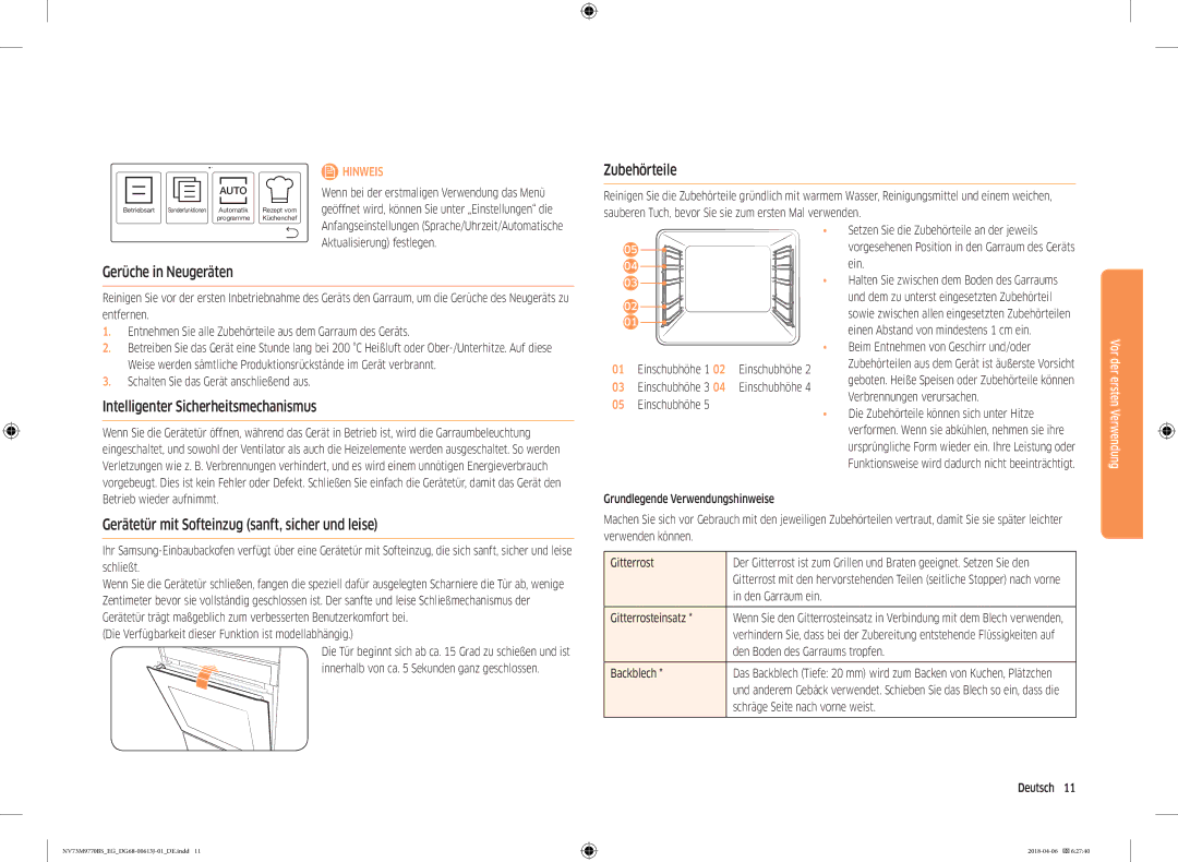 Samsung NV73M9770BS/EG manual Zubehörteile, Gerüche in Neugeräten, Intelligenter Sicherheitsmechanismus 