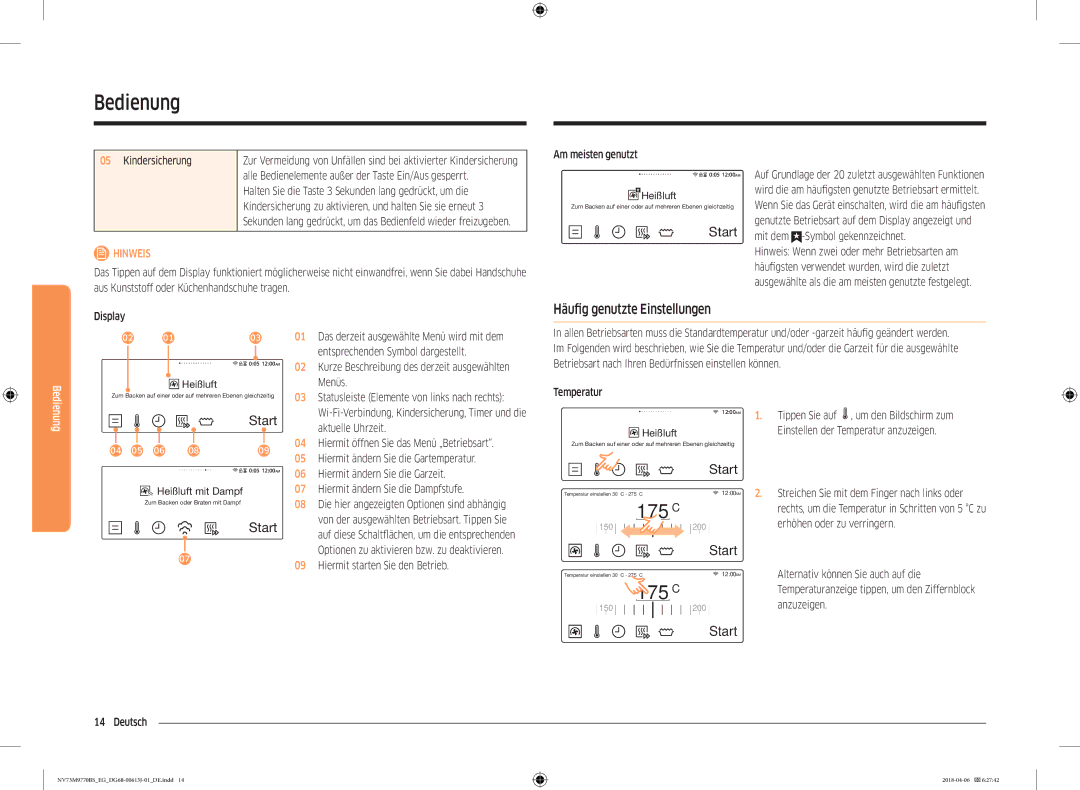 Samsung NV73M9770BS/EG manual Start, Häufig genutzte Einstellungen 