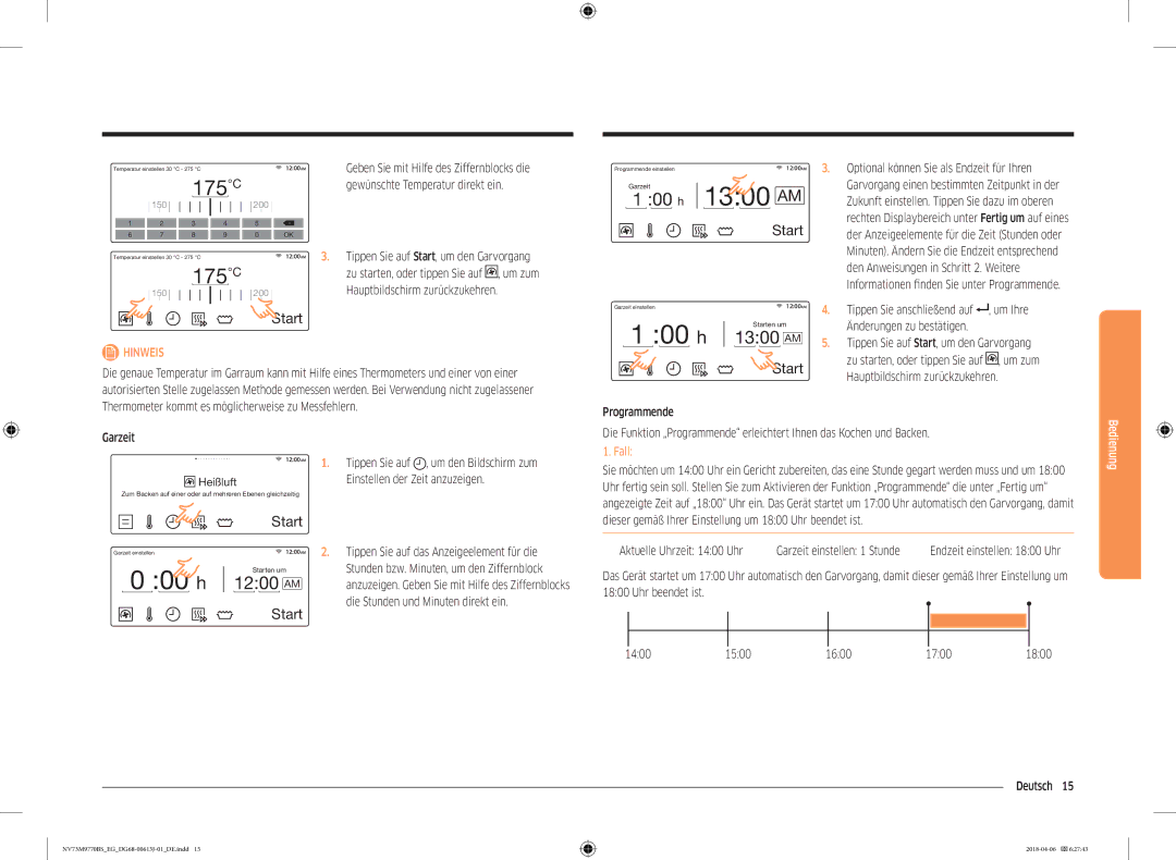 Samsung NV73M9770BS/EG manual Hauptbildschirm zurückzukehren Garzeit, Die Stunden und Minuten direkt ein 