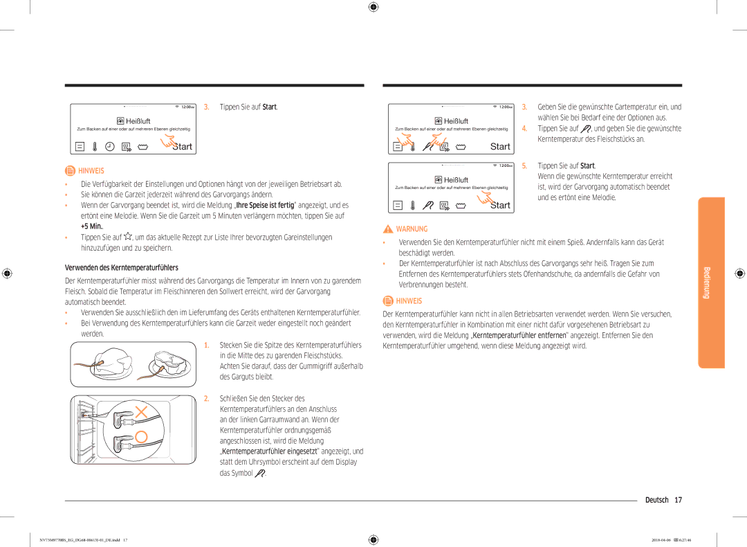 Samsung NV73M9770BS/EG manual Kerntemperatur des Fleischstücks an, Tippen Sie auf Start, Hinzuzufügen und zu speichern 