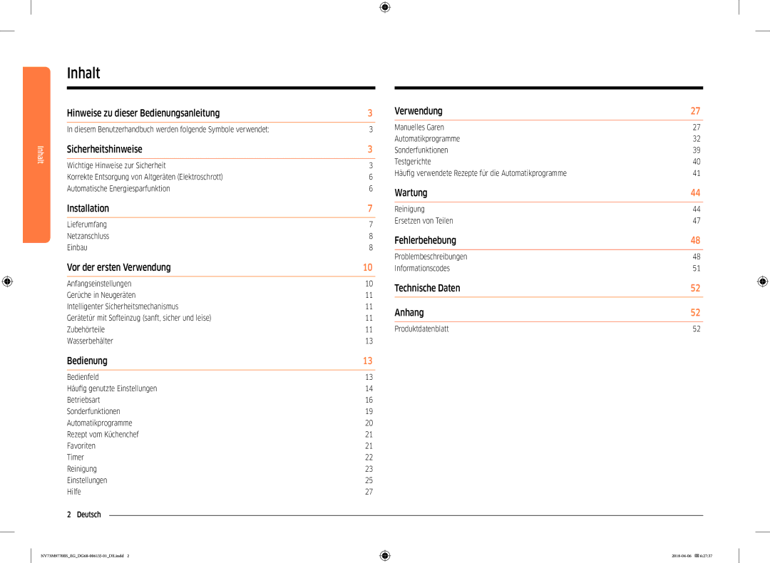 Samsung NV73M9770BS/EG manual Inhalt 