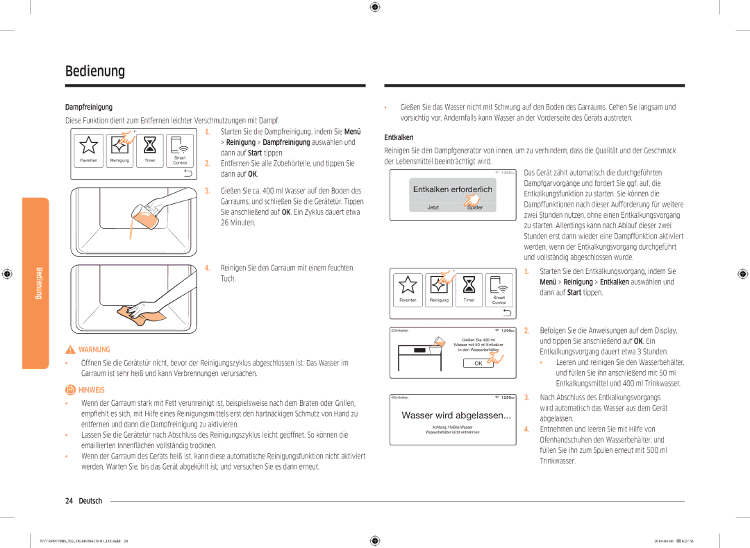 Samsung NV73M9770BS/EG manual Wasser wird abgelassen, Dann auf Start tippen, Und tippen Sie anschließend auf OK. Ein 