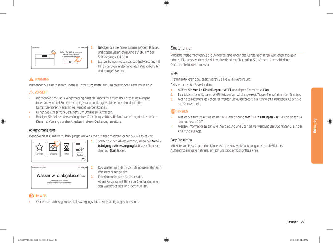 Samsung NV73M9770BS/EG manual Einstellungen, Halten Sie Kinder vom Gerät fern, um Unfälle zu vermeiden, Ablassvorgang läuft 