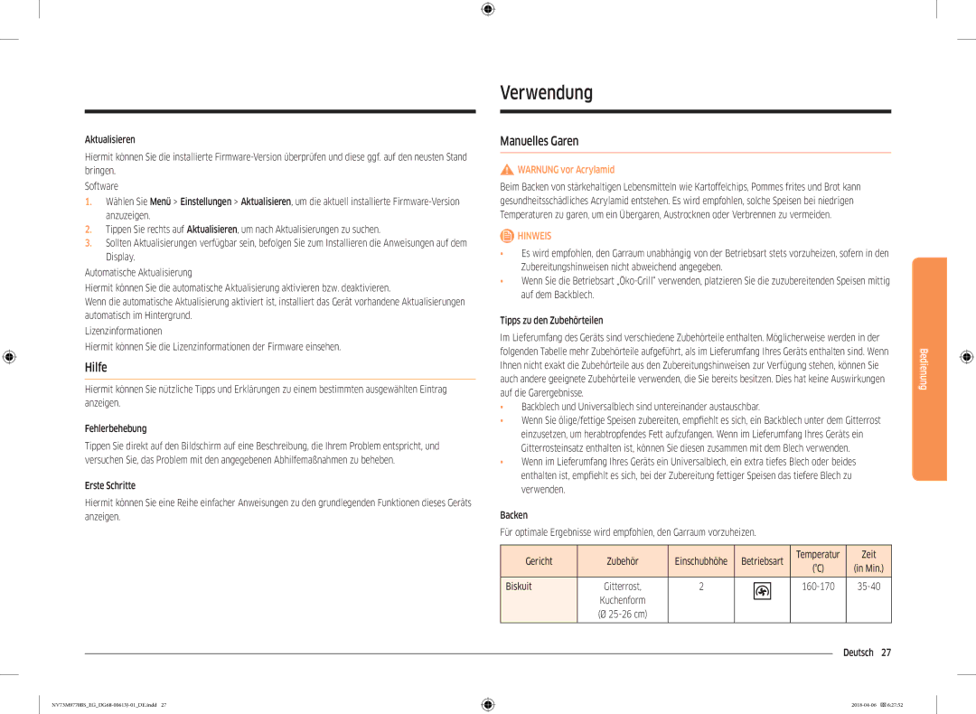 Samsung NV73M9770BS/EG manual Verwendung, Hilfe, Manuelles Garen, Zeit, Biskuit 