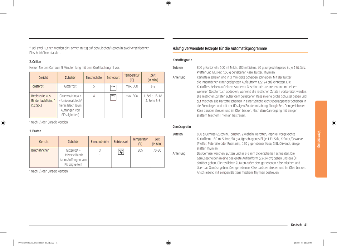 Samsung NV73M9770BS/EG manual Häufig verwendete Rezepte für die Automatikprogramme 