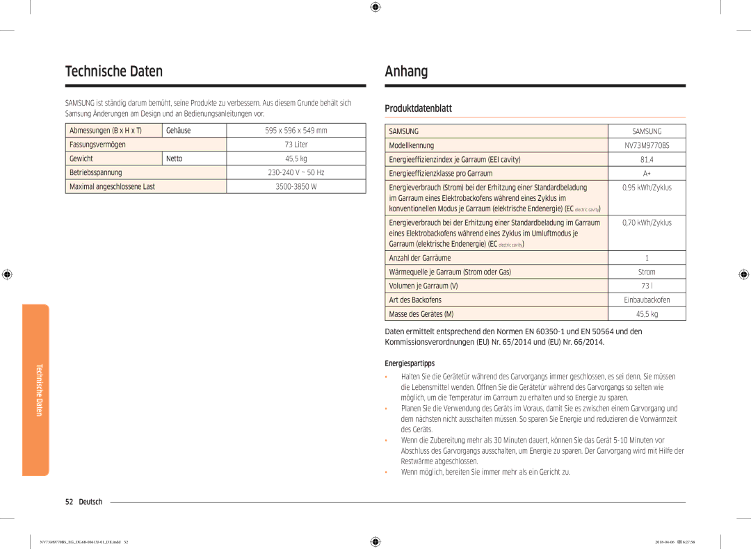 Samsung NV73M9770BS/EG manual Technische Daten, Anhang, Produktdatenblatt 