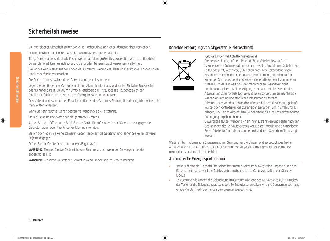 Samsung NV73M9770BS/EG manual Korrekte Entsorgung von Altgeräten Elektroschrott, Automatische Energiesparfunktion 