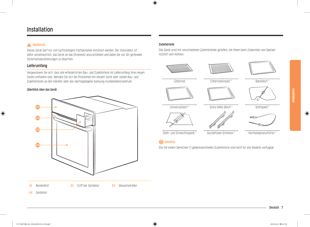 Samsung NV73M9770BS/EG manual Installation, Lieferumfang, 04 Gerätetür Deutsch  