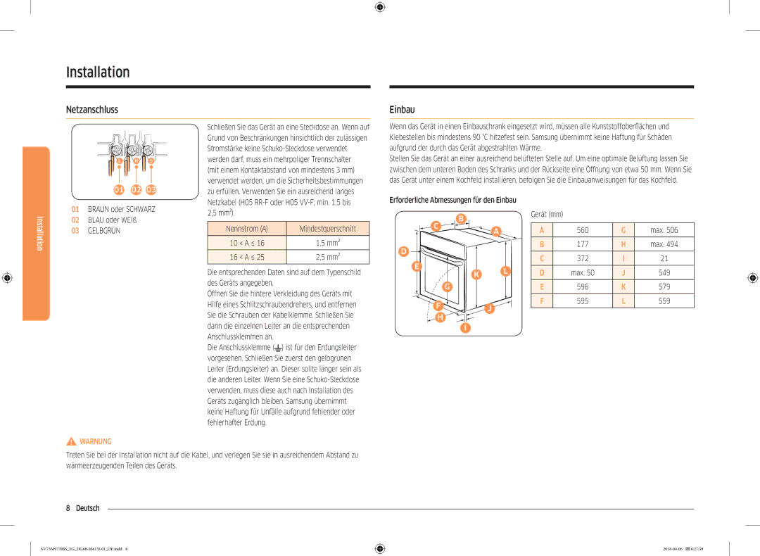 Samsung NV73M9770BS/EG manual Netzanschluss Einbau, Braun oder Schwarz Blau oder WEIß, Mm² Nennstrom a Mindestquerschnitt 