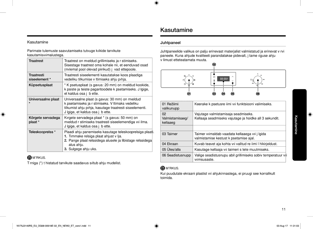 Samsung NV75J3140BS/EO manual Kasutamine, Juhtpaneel 