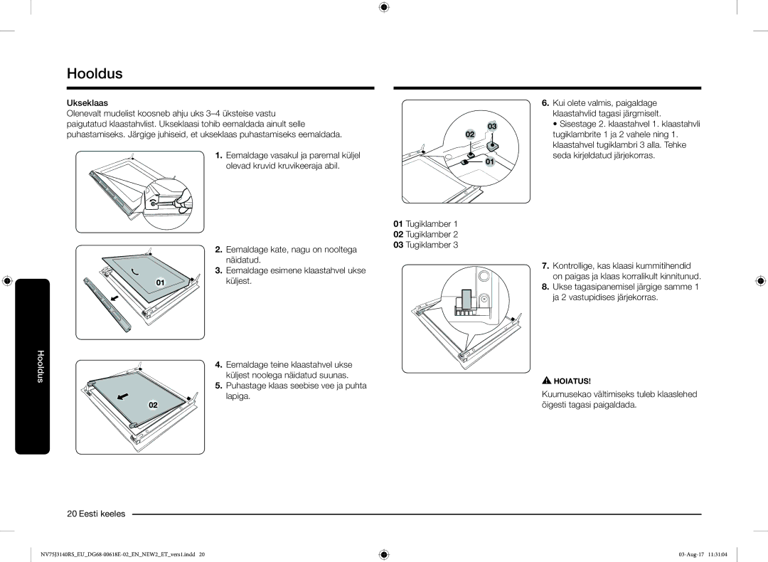 Samsung NV75J3140BS/EO manual Ukseklaas, Puhastage klaas seebise vee ja puhta lapiga Eesti keeles 