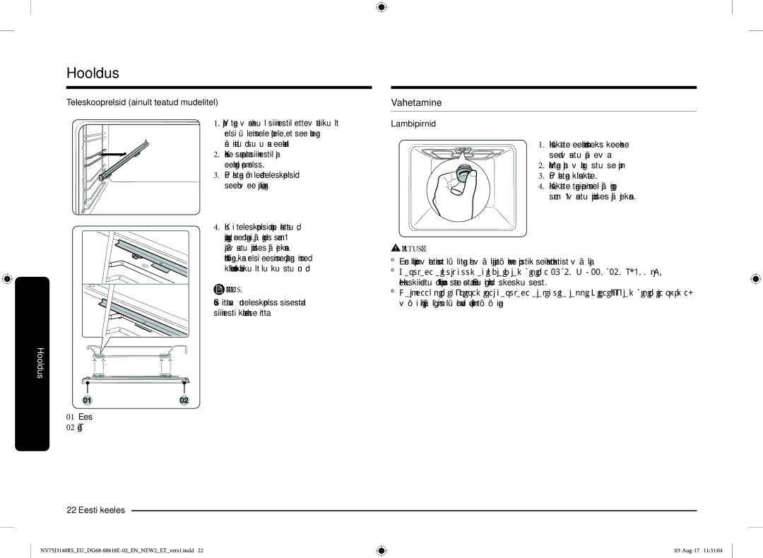 Samsung NV75J3140BS/EO manual Vahetamine, Teleskooprelsid ainult teatud mudelitel, Ees Taga Eesti keeles 