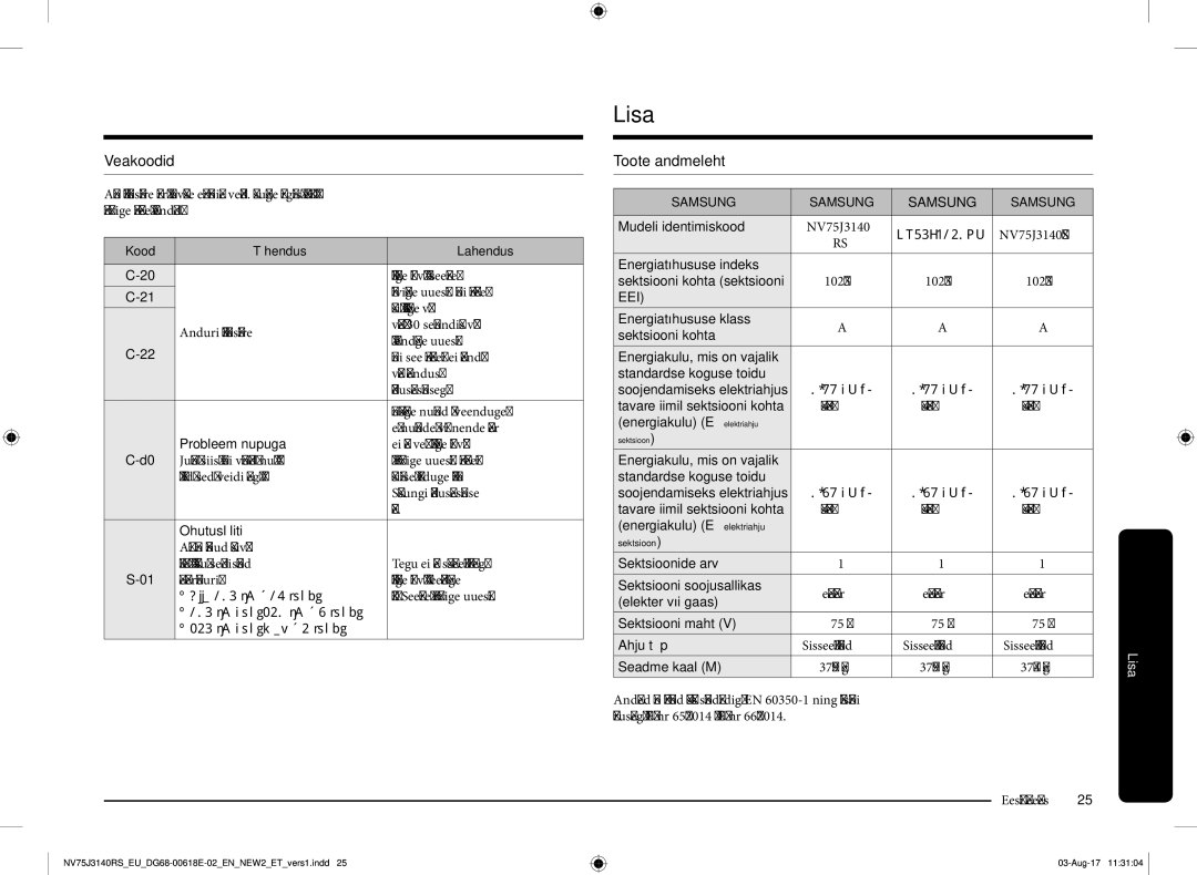 Samsung NV75J3140BS/EO manual Lisa, Veakoodid, Toote andmeleht 