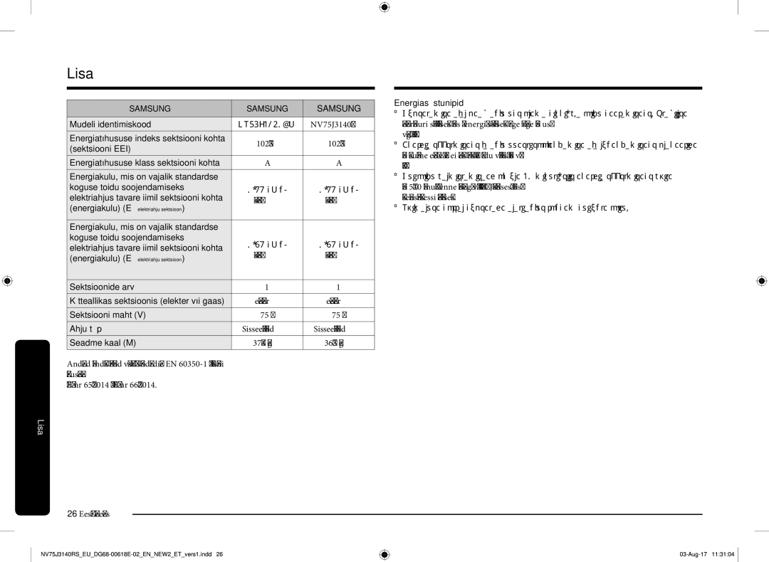 Samsung NV75J3140BS/EO manual Mudeli identimiskood, Sektsiooni EEI, Sektsioonide arv, Seadme kaal M 