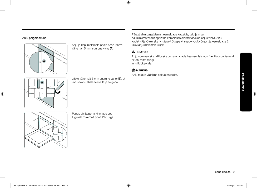 Samsung NV75J3140BS/EO manual Ahju paigaldamine, Ahju tegelik välisilme sõltub mudelist Eesti keeles 