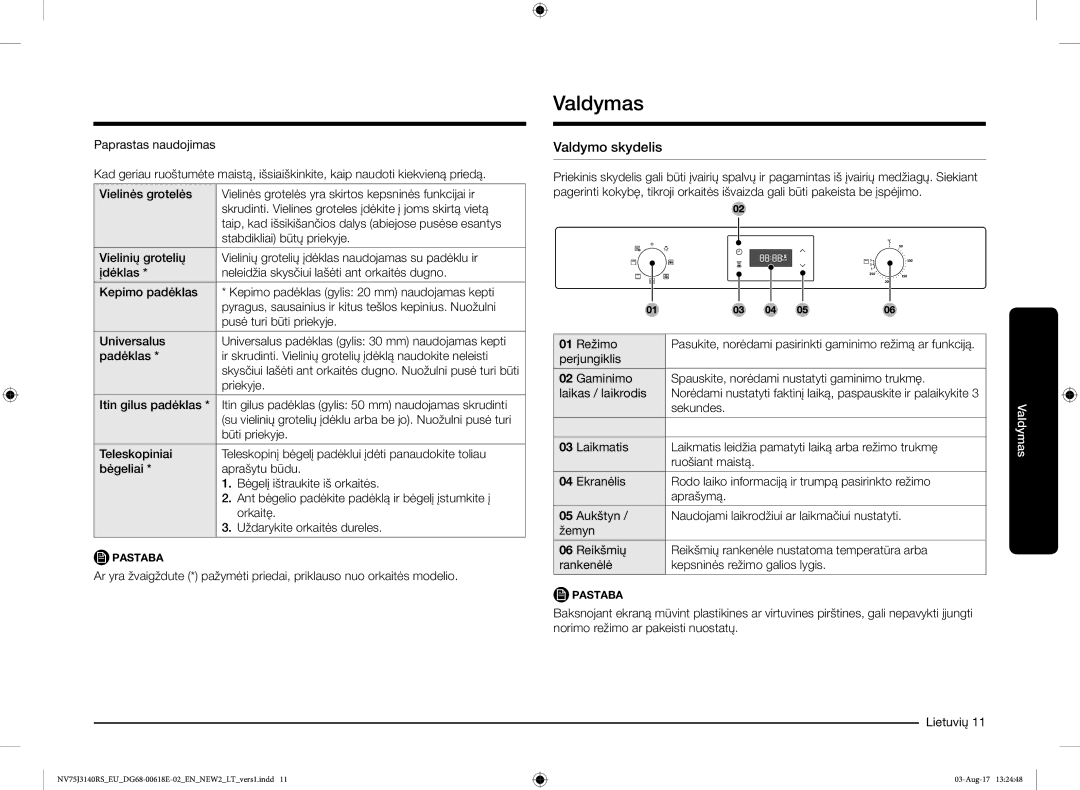 Samsung NV75J3140BS/EO manual Valdymas, Valdymo skydelis 