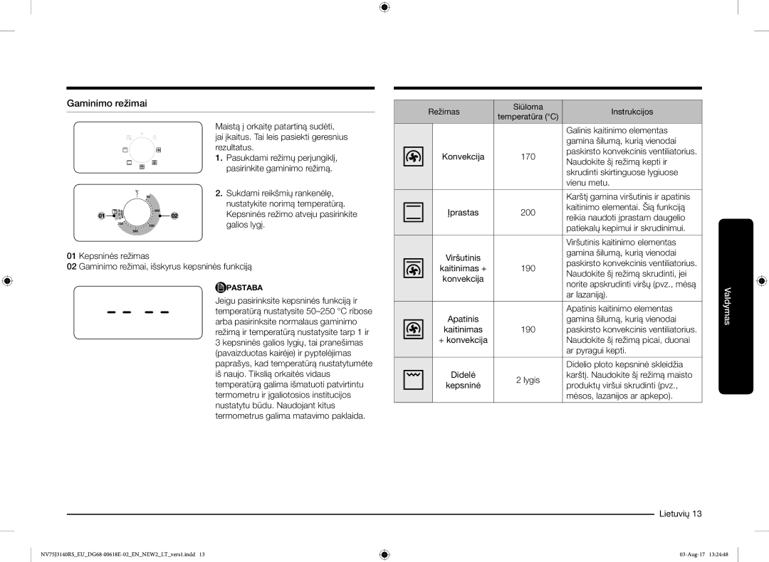 Samsung NV75J3140BS/EO manual Gaminimo režimai, Naudokite šį režimą skrudinti, jei Konvekcija, Ar lazaniją 