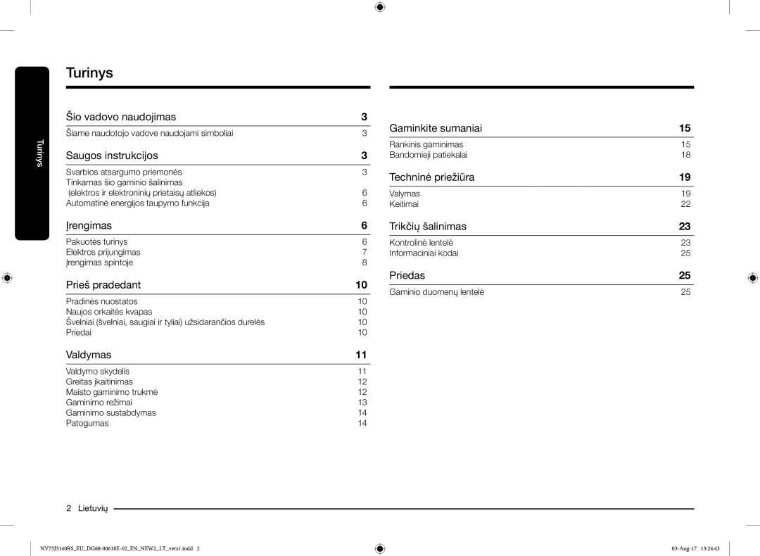 Samsung NV75J3140BS/EO manual Turinys 