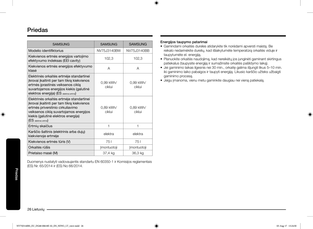 Samsung NV75J3140BS/EO manual Modelio identifiktorius, Kiekvienos ertmės energijos vartojimo, 102,3, Kiekvienoje ertmėje 