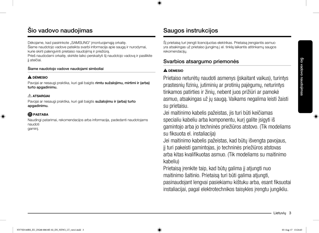 Samsung NV75J3140BS/EO manual Šio vadovo naudojimas, Saugos instrukcijos 