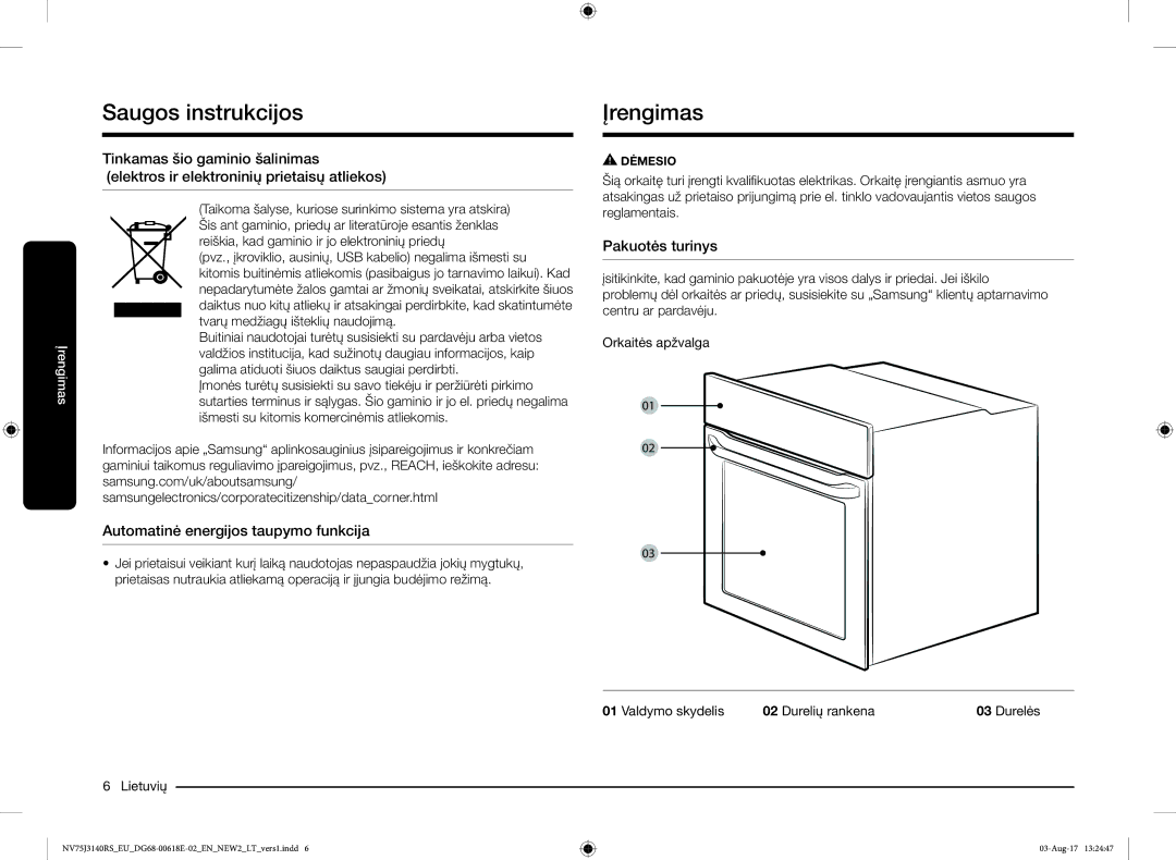 Samsung NV75J3140BS/EO manual Saugos instrukcijos Įrengimas, Automatinė energijos taupymo funkcija, Pakuotės turinys 