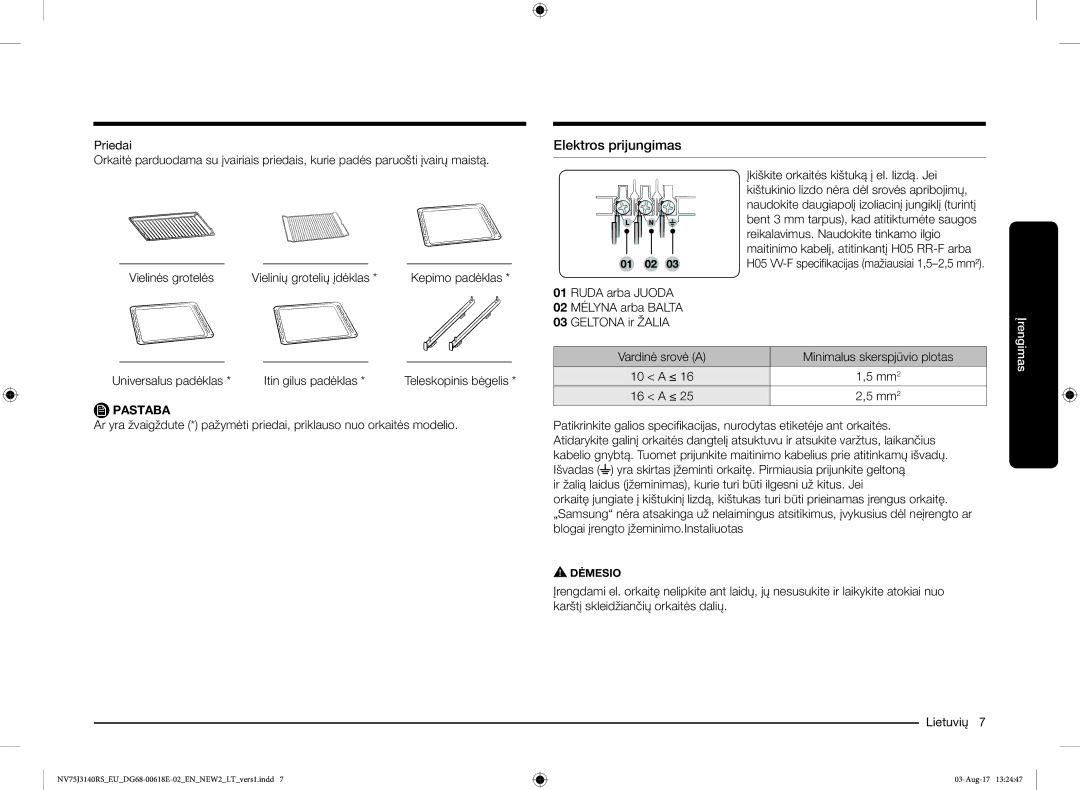 Samsung NV75J3140BS/EO manual Elektros prijungimas 