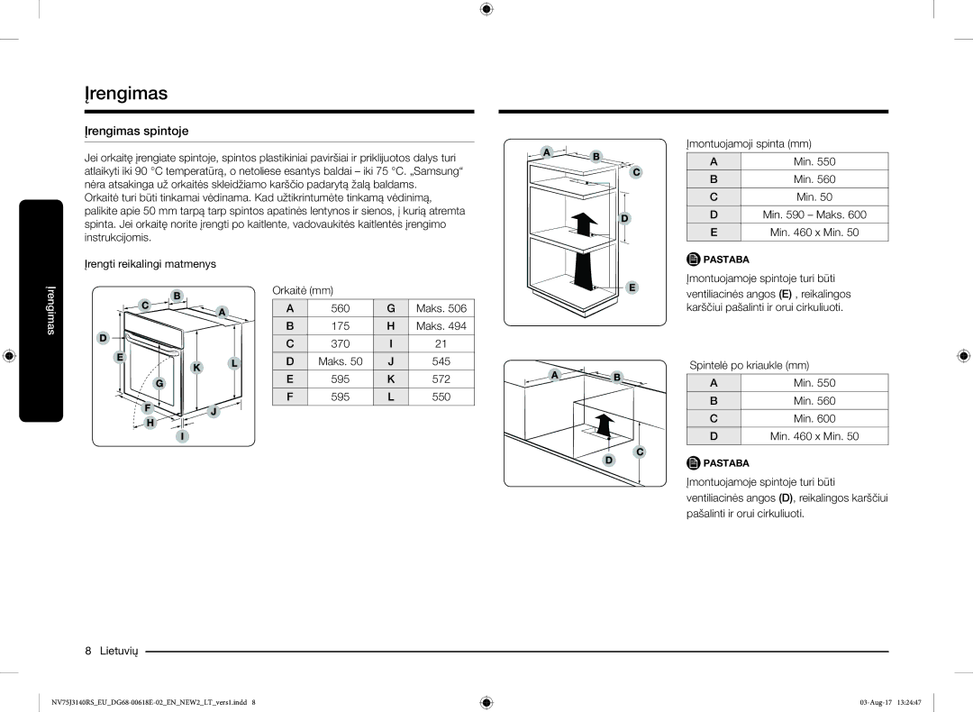 Samsung NV75J3140BS/EO manual Įrengimas spintoje, Lietuvių Įmontuojamoji spinta mm Min Min Maks Min x Min 