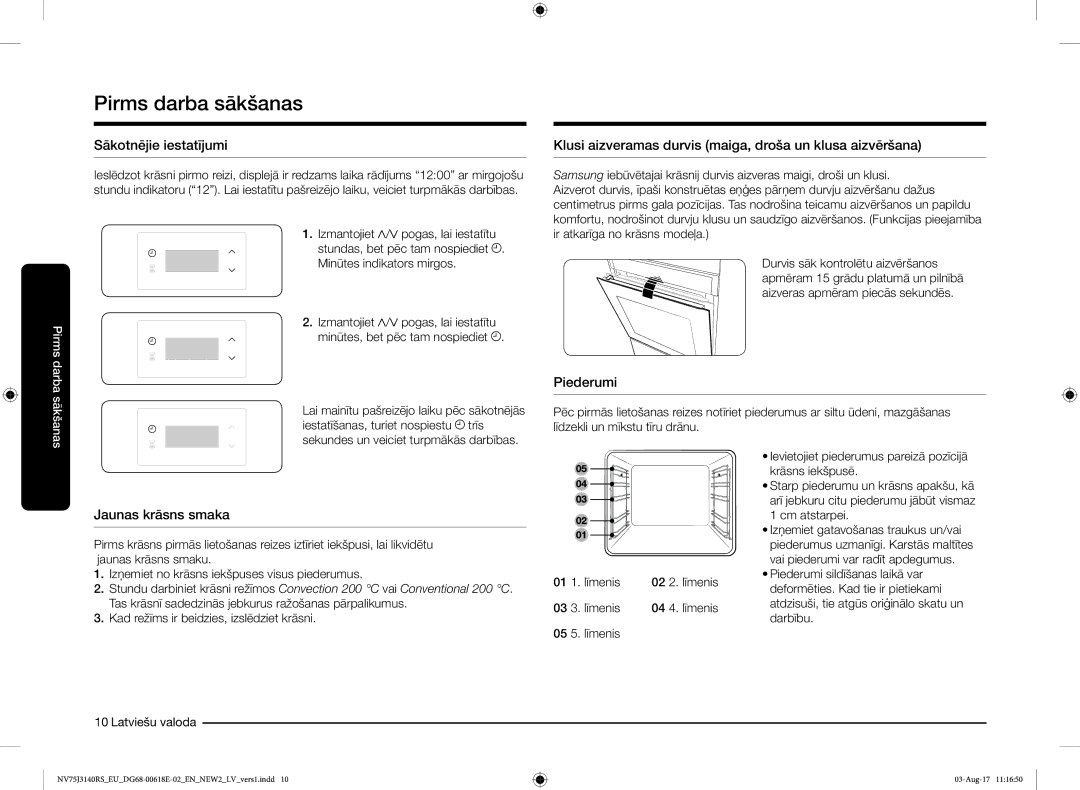 Samsung NV75J3140BS/EO manual Pirms darba sākšanas, Sākotnējie iestatījumi, Piederumi, Jaunas krāsns smaka 