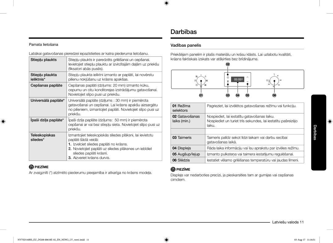 Samsung NV75J3140BS/EO manual Darbības, Vadības panelis 