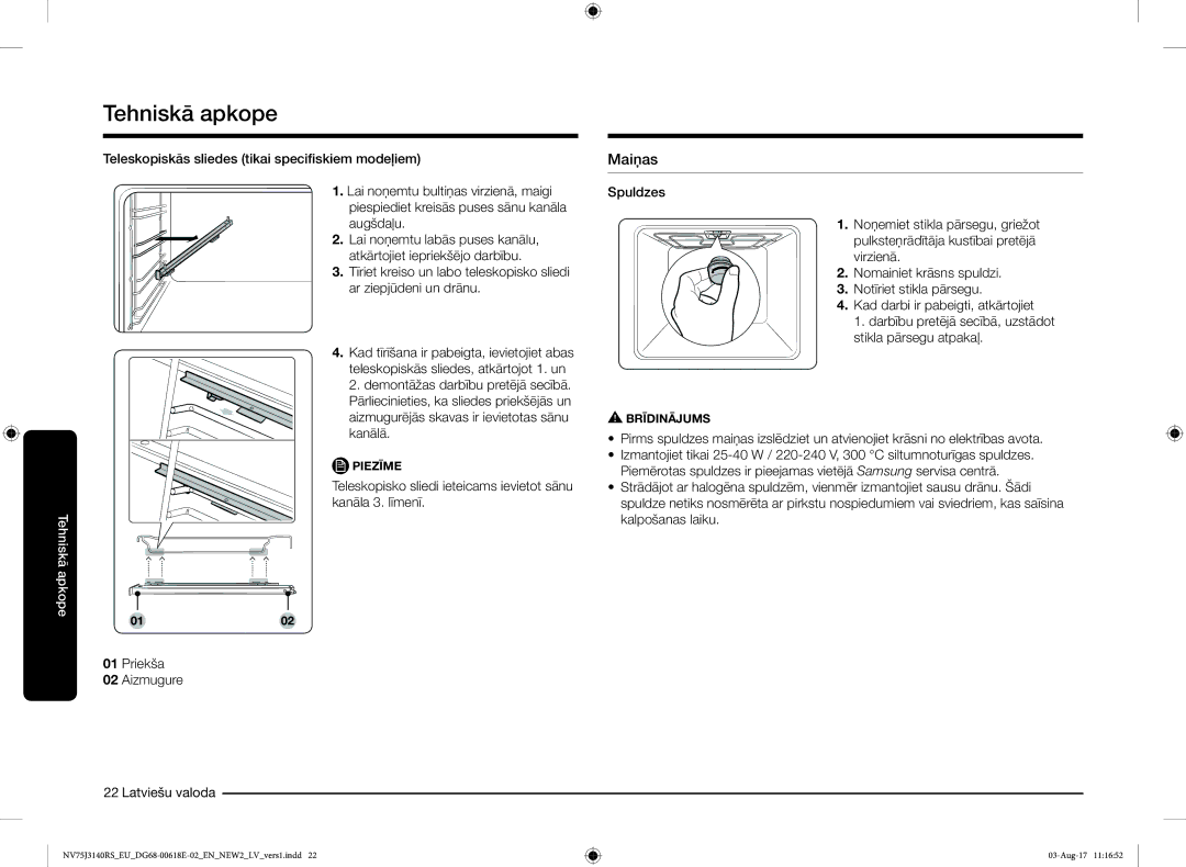 Samsung NV75J3140BS/EO manual Maiņas, Priekša Aizmugure Latviešu valoda 