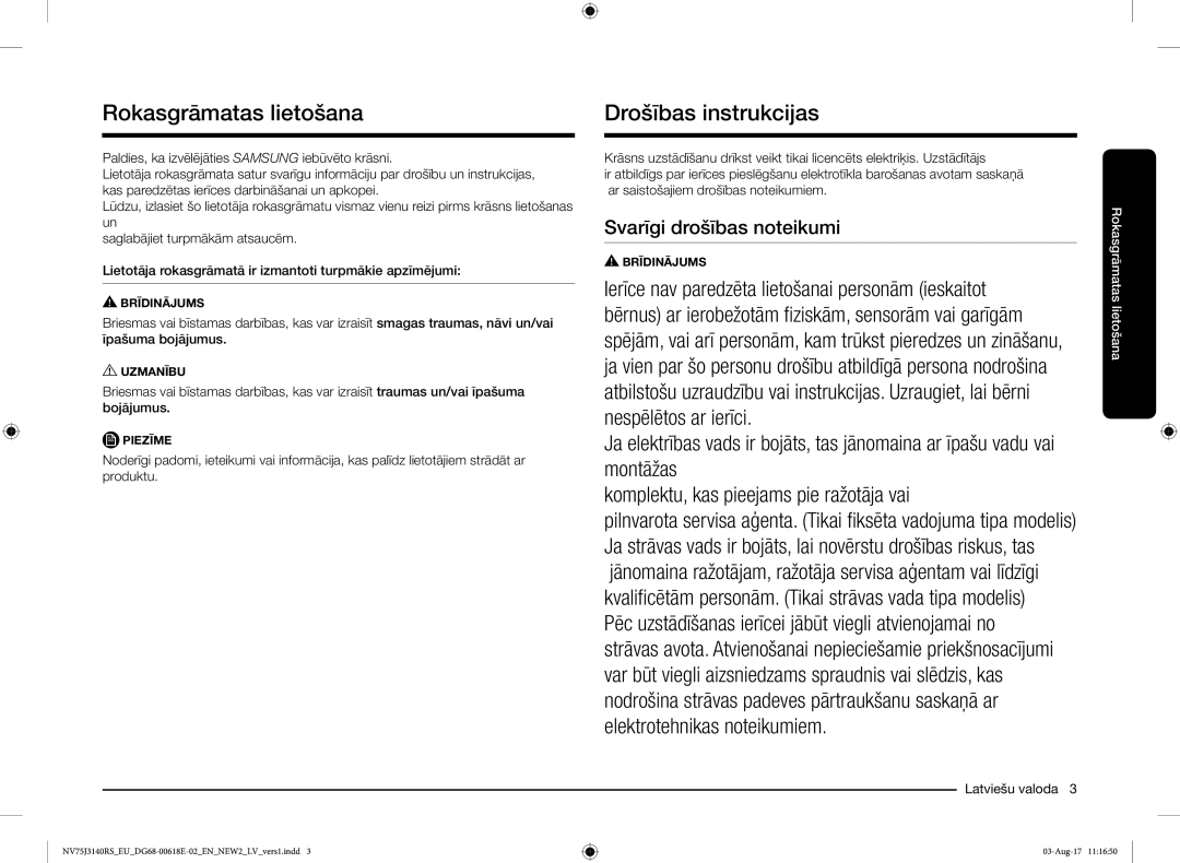 Samsung NV75J3140BS/EO manual Rokasgrāmatas lietošana, Drošības instrukcijas 