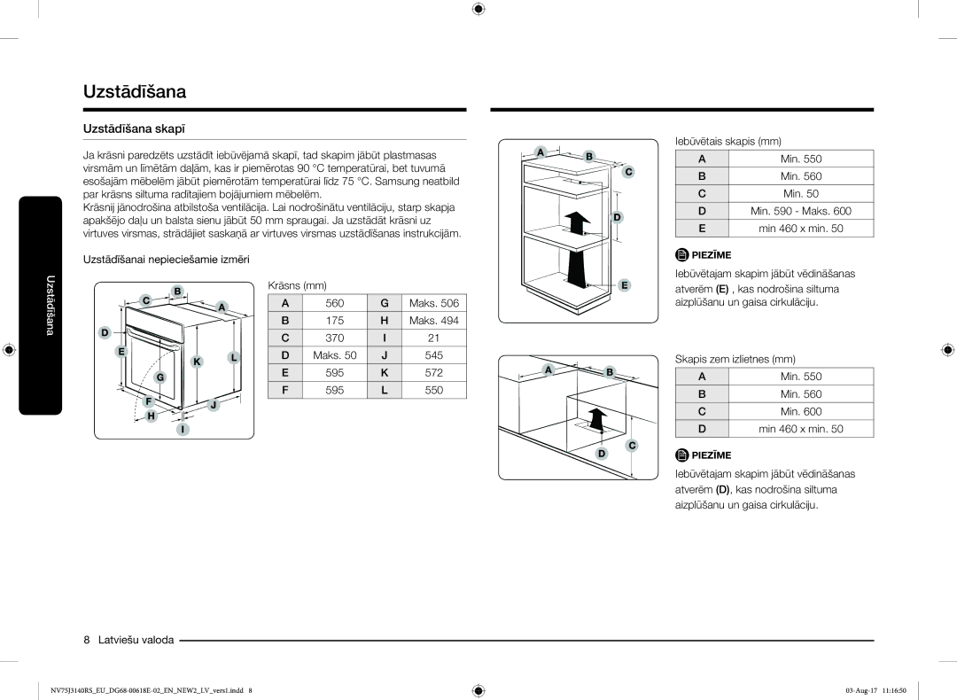 Samsung NV75J3140BS/EO manual Uzstādīšana skapī, Uzstādīšanai nepieciešamie izmēri Krāsns mm 560 Maks 