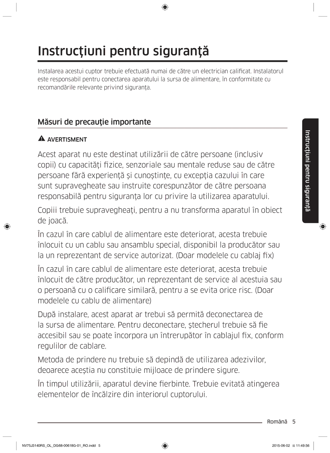 Samsung NV75J3140RS/OL, NV75J3140BS/OL, NV75J3140BB/OL manual Instrucţiuni pentru siguranţă, Măsuri de precauţie importante 