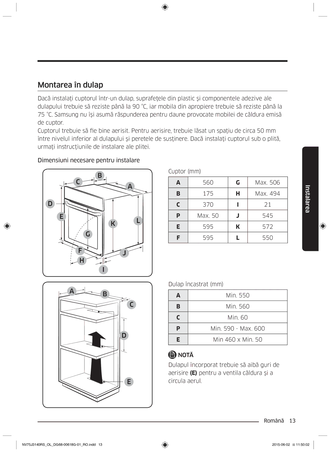 Samsung NV75J3140BB/OL, NV75J3140BS/OL, NV75J3140RS/OL manual Montarea în dulap 