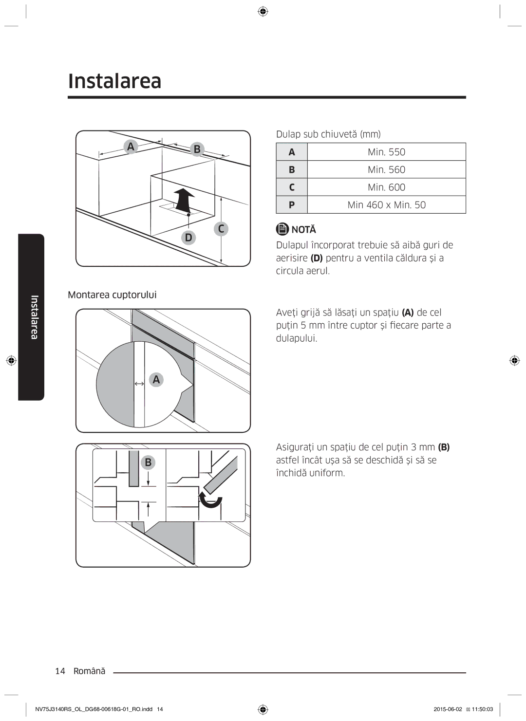 Samsung NV75J3140RS/OL, NV75J3140BS/OL manual Montarea cuptorului Dulap sub chiuvetă mm Min Min 460 x Min, Dulapului 