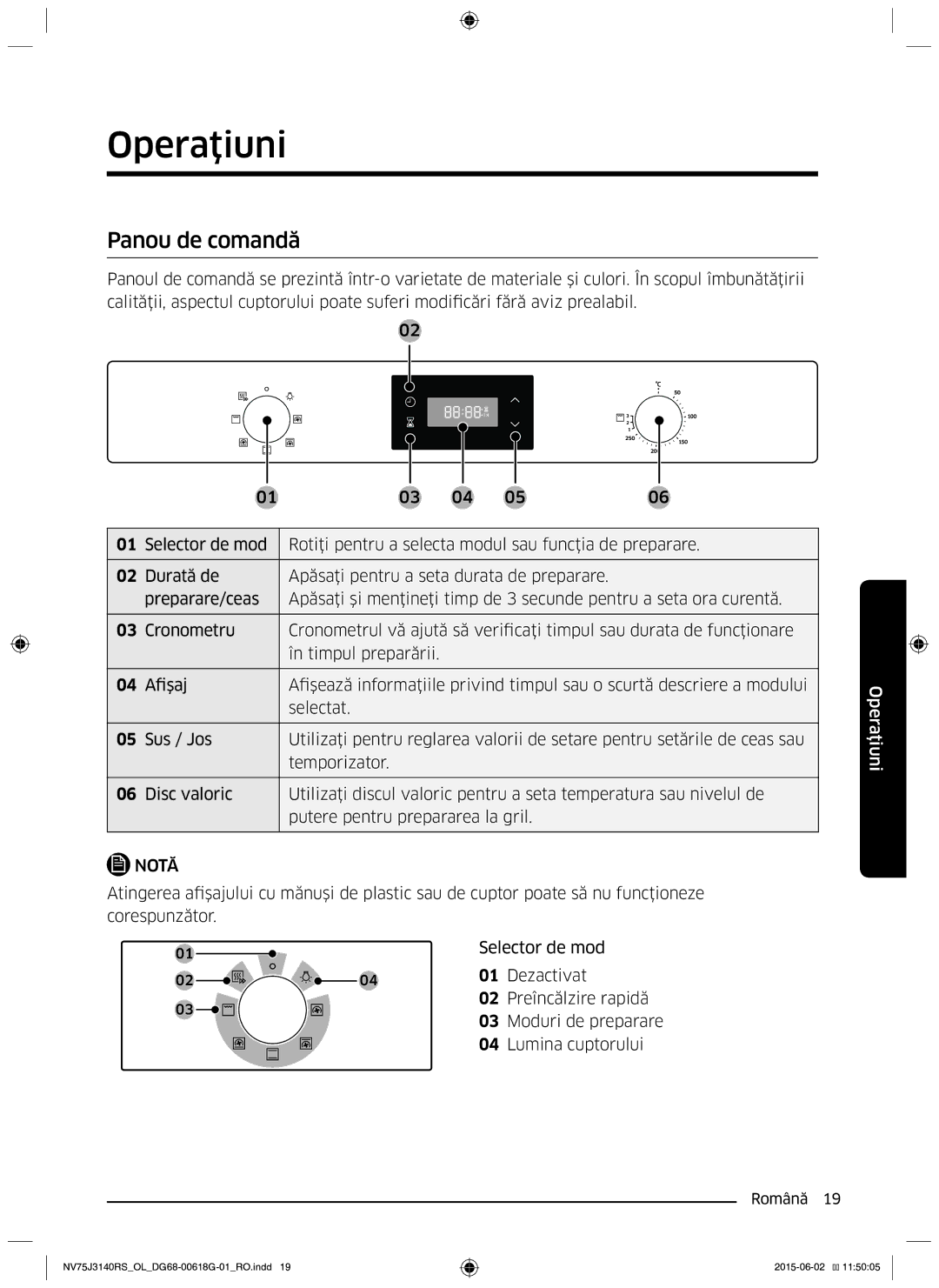 Samsung NV75J3140BB/OL, NV75J3140BS/OL, NV75J3140RS/OL manual Operaţiuni, Panou de comandă 