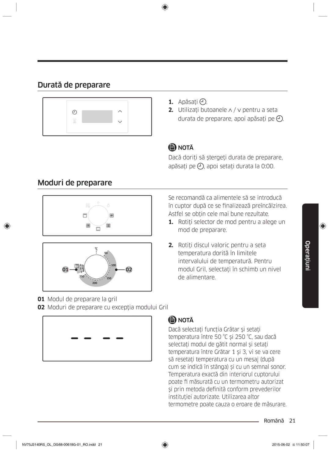 Samsung NV75J3140BS/OL manual Durată de preparare, Moduri de preparare, Apăsaţi, Utilizaţi butoanele / pentru a seta 