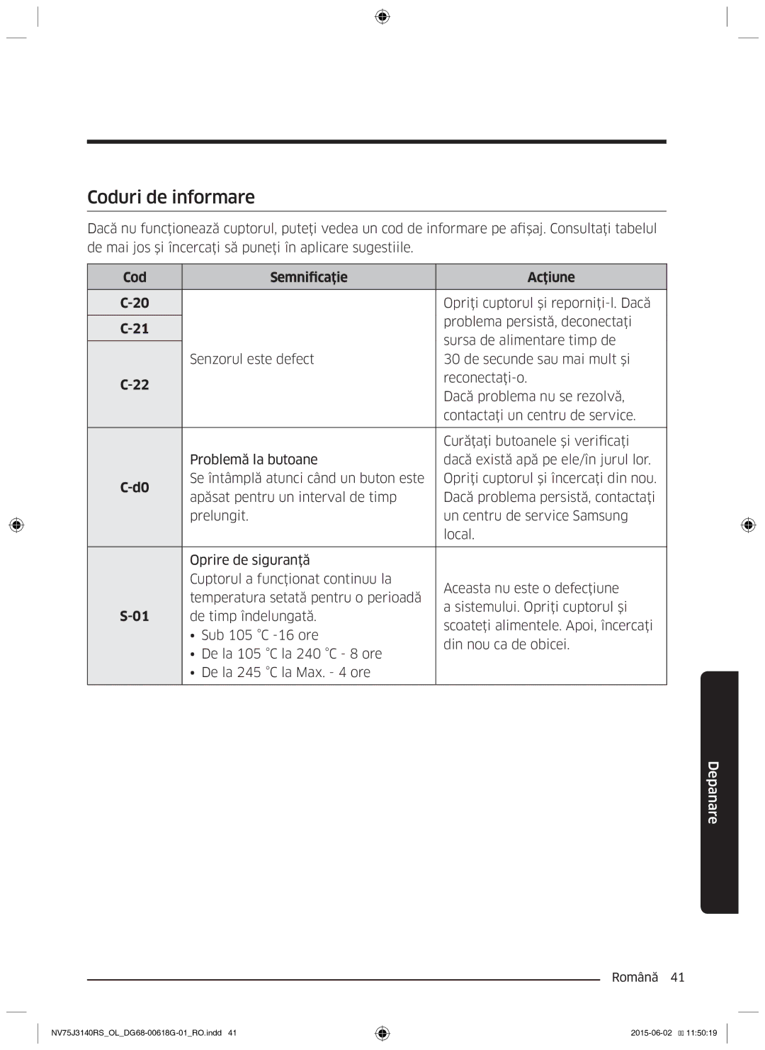 Samsung NV75J3140RS/OL, NV75J3140BS/OL Coduri de informare, Cod Semnificaţie Acţiune, Opriţi cuptorul şi reporniţi-l. Dacă 