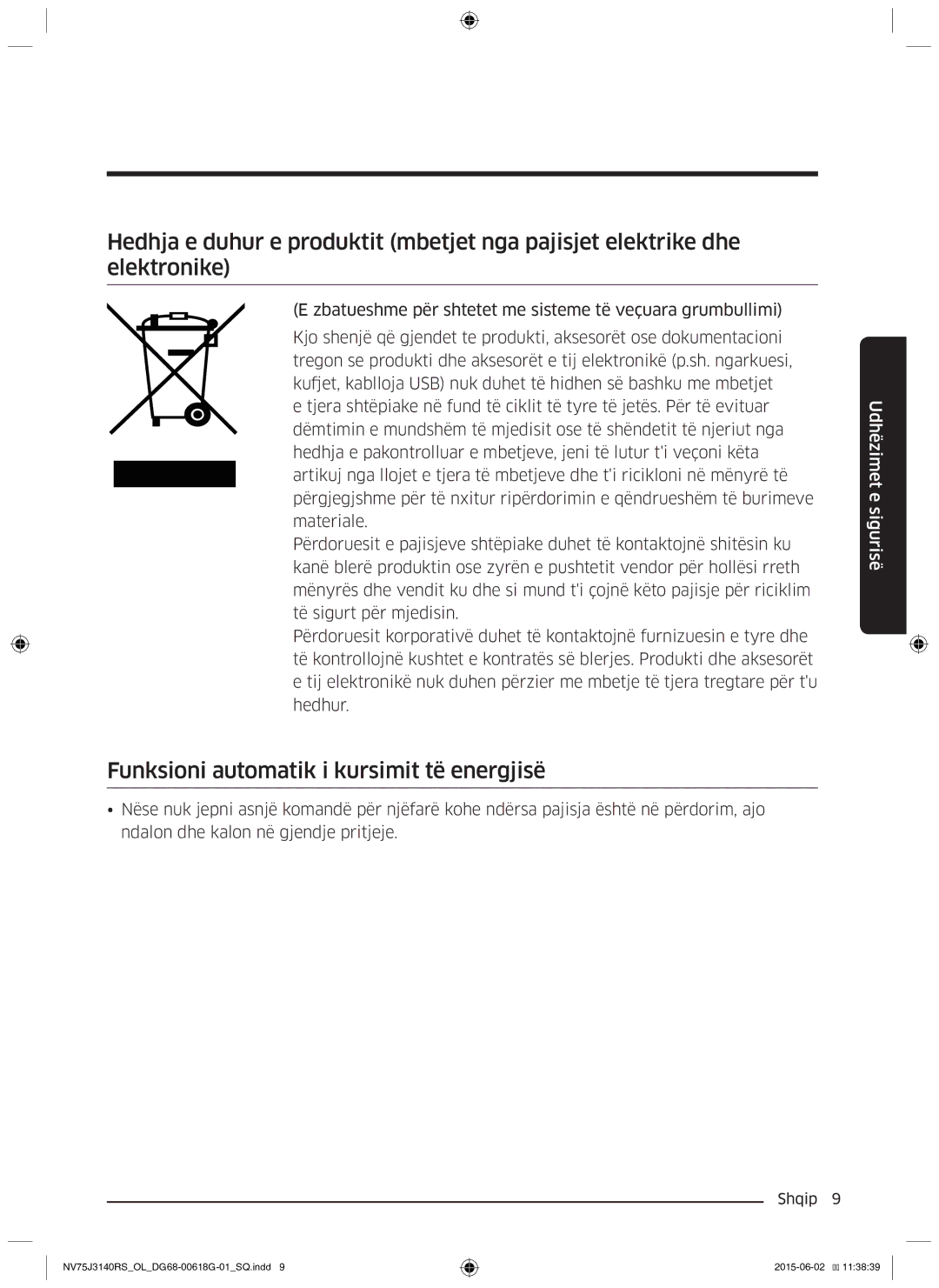 Samsung NV75J3140RS/OL, NV75J3140BS/OL, NV75J3140BB/OL manual Funksioni automatik i kursimit të energjisë 