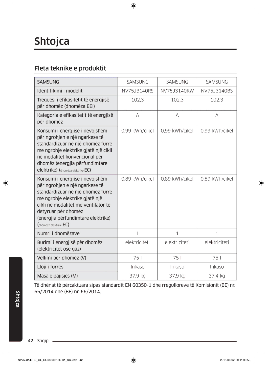 Samsung NV75J3140RS/OL, NV75J3140BS/OL, NV75J3140BB/OL manual Shtojca, Fleta teknike e produktit 