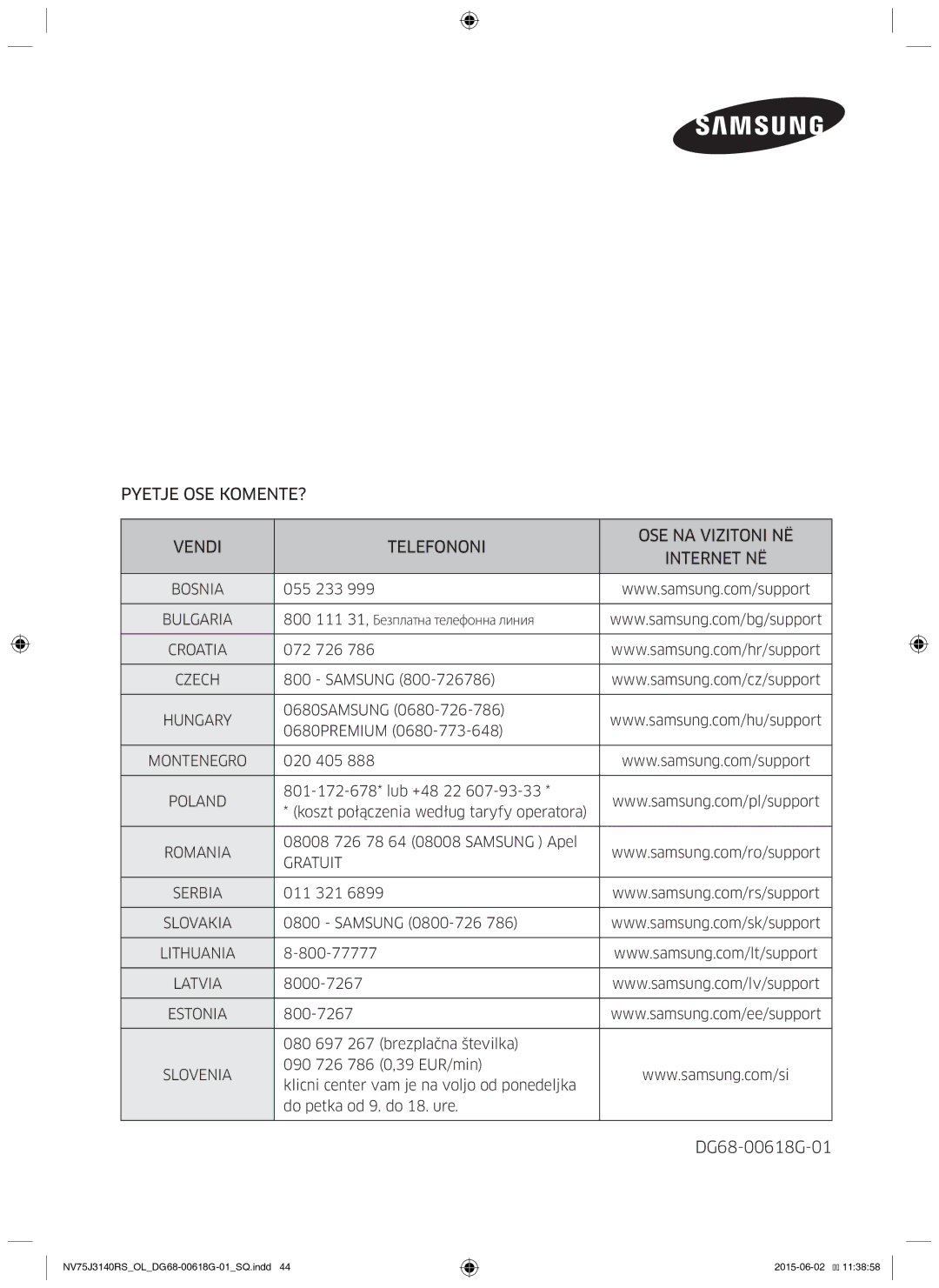 Samsung NV75J3140BB/OL, NV75J3140BS/OL, NV75J3140RS/OL manual DG68-00618G-01 