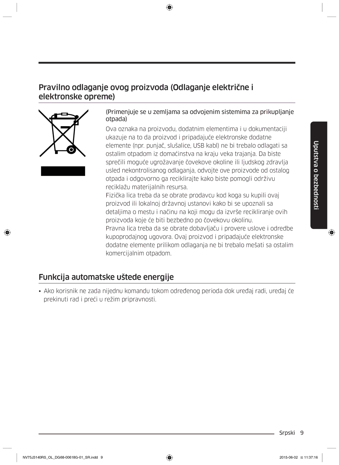 Samsung NV75J3140BB/OL, NV75J3140BS/OL, NV75J3140RS/OL manual Funkcija automatske uštede energije 