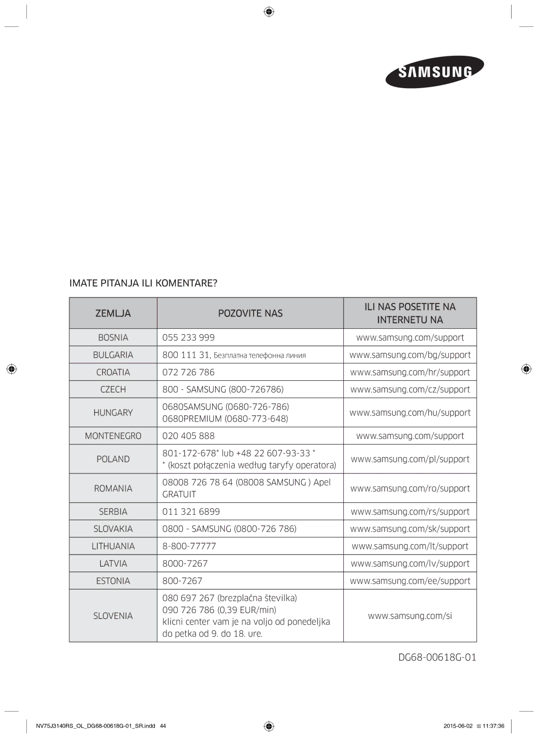 Samsung NV75J3140BS/OL, NV75J3140BB/OL, NV75J3140RS/OL manual DG68-00618G-01 