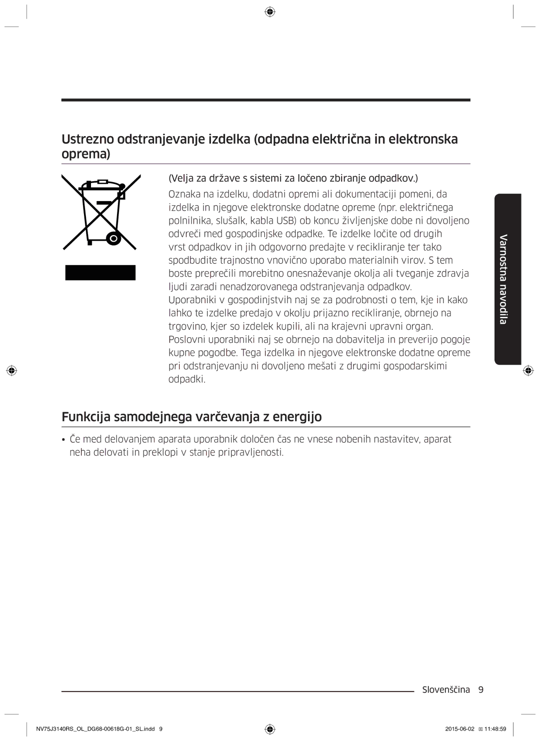 Samsung NV75J3140BS/OL, NV75J3140BB/OL, NV75J3140RS/OL manual Funkcija samodejnega varčevanja z energijo 