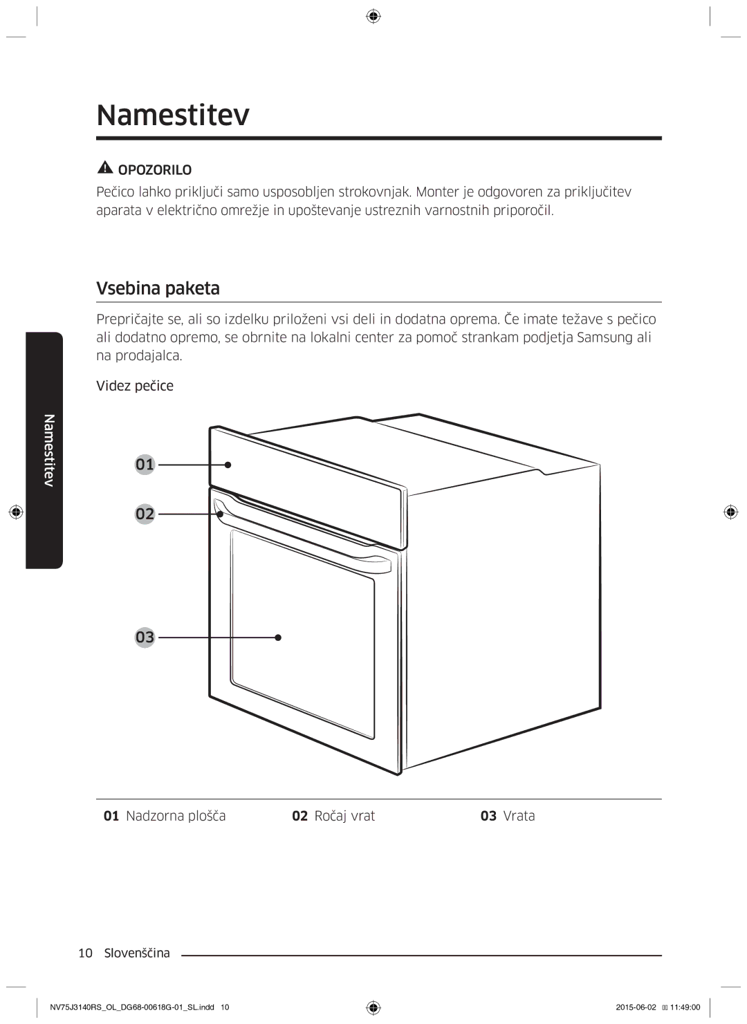 Samsung NV75J3140BB/OL, NV75J3140BS/OL, NV75J3140RS/OL manual Namestitev, Vsebina paketa, Nadzorna plošča 02 Ročaj vrat Vrata 