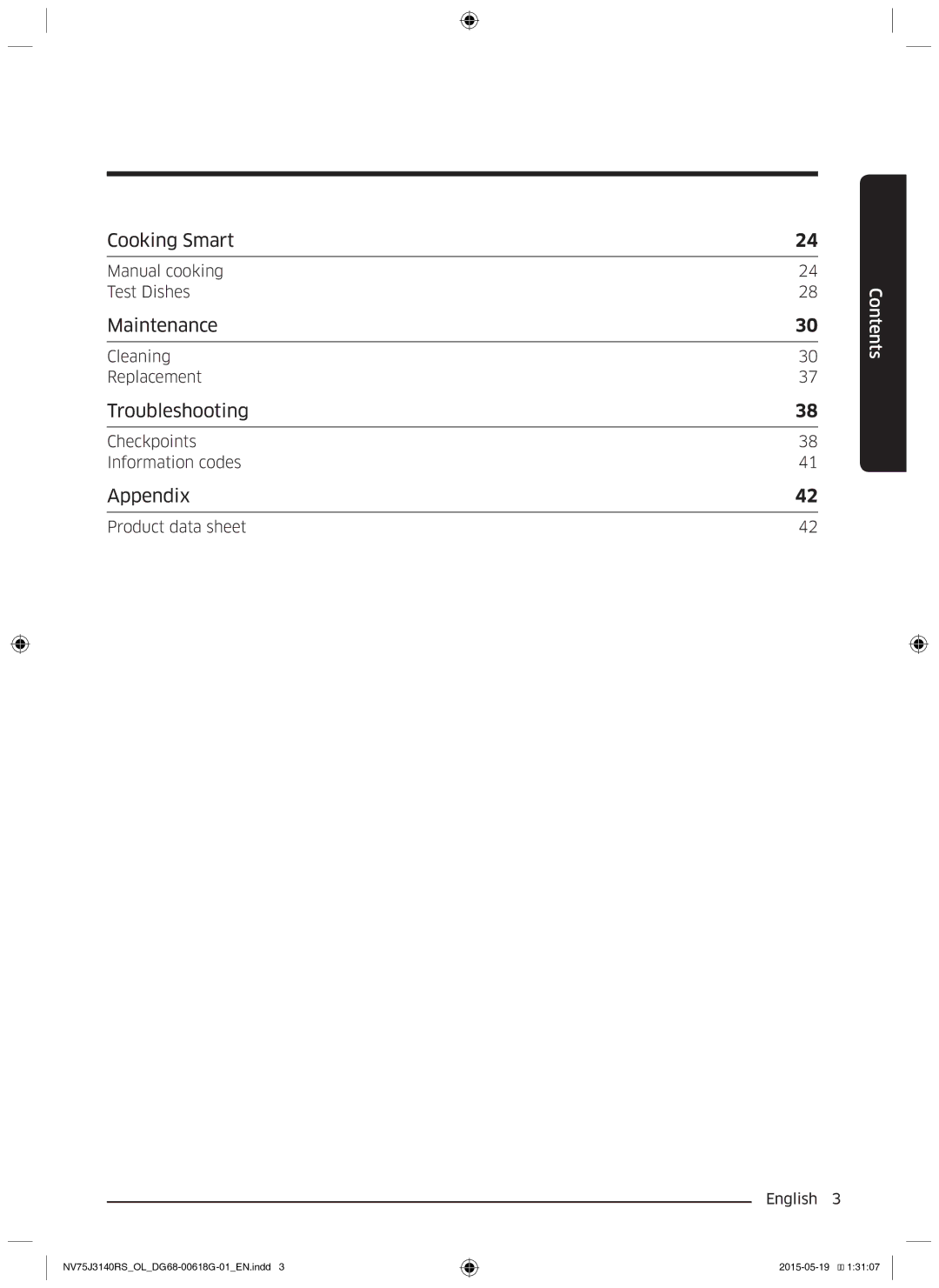 Samsung NV75J3140RS/OL Manual cooking Test Dishes, Cleaning Replacement, Checkpoints Information codes, Product data sheet 